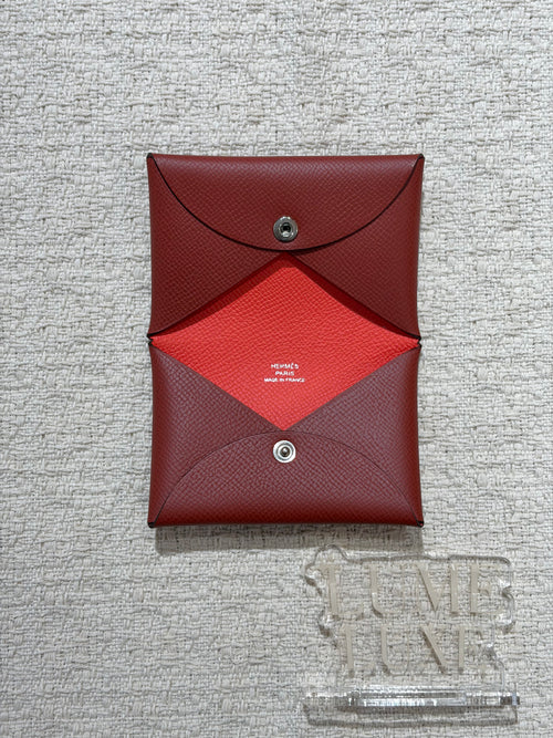 [New] Hermès Calvi verso card holder Rouge Venitien/Rose Texas  Epsom