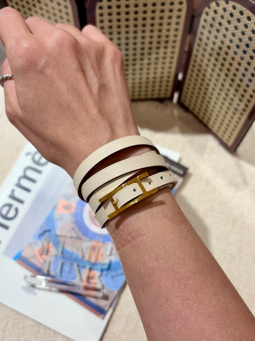 [Preloved] Hermès Hapi3 Double Tour Bracelet Craie Swift CC T3