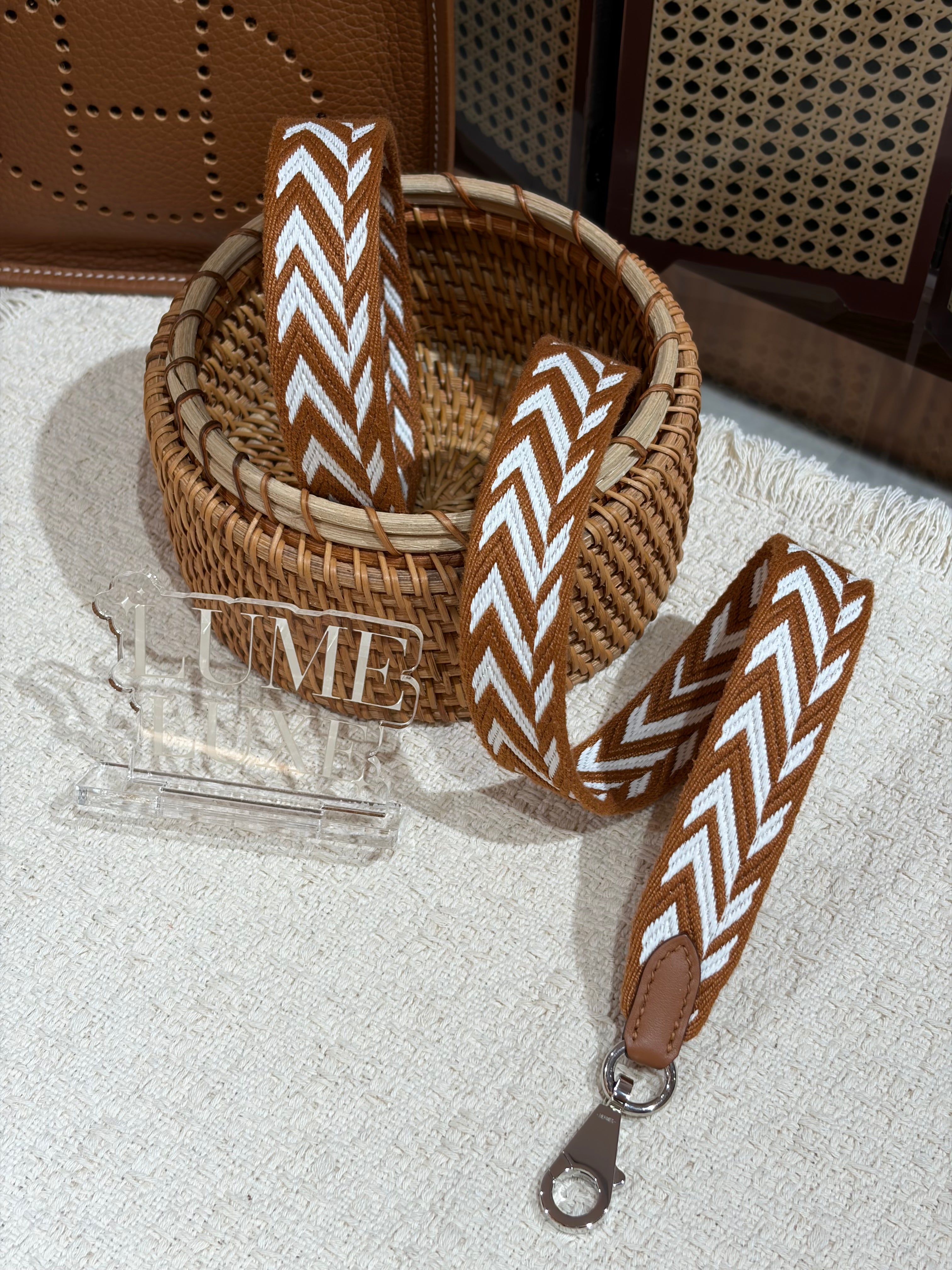 [Preloved] Hermès Sangle Zigzag Bag Strap 25mm Gold/Blanc/Gold CK 85cm
