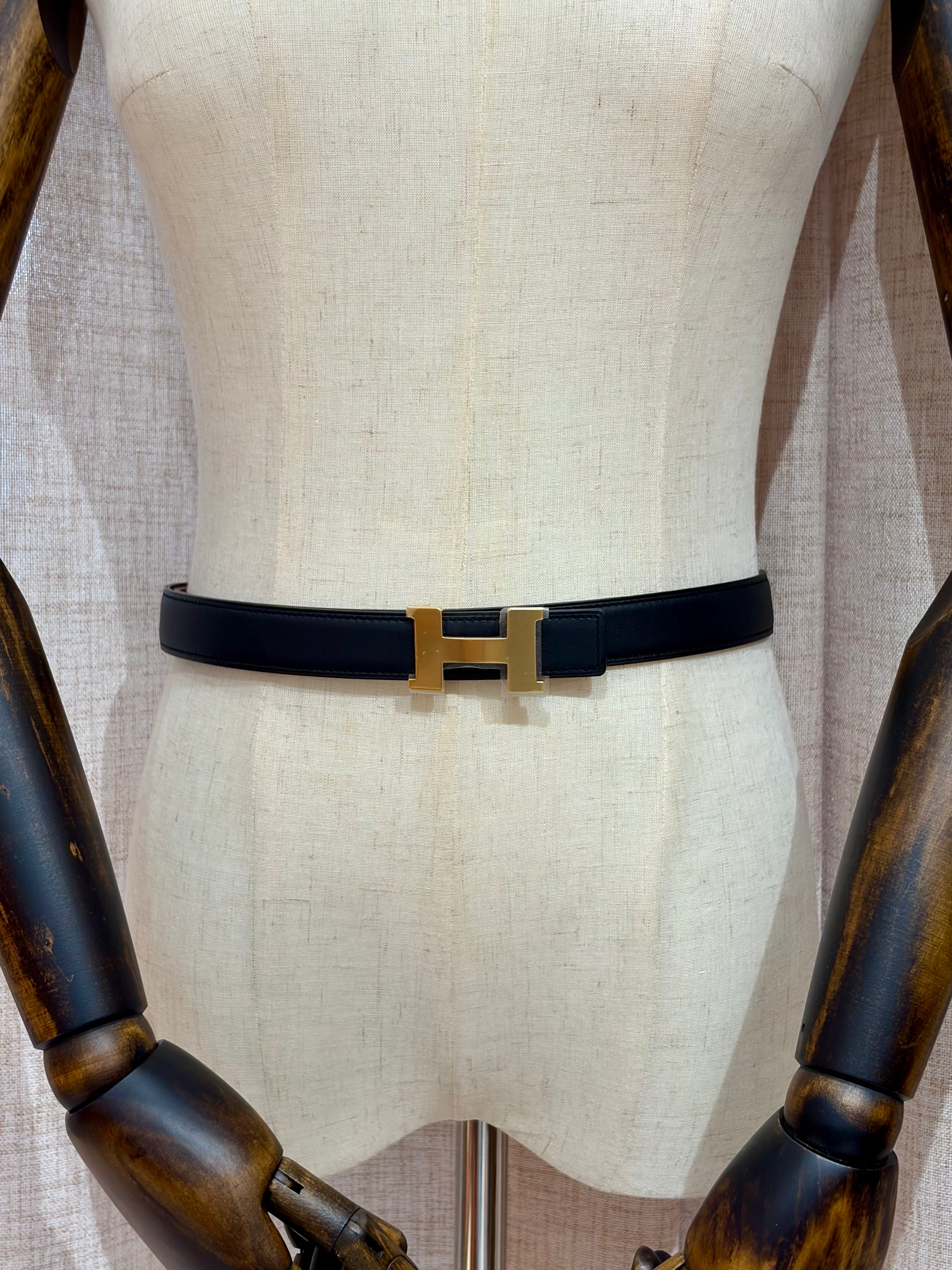 [New] Hermès 24mm H Reversible Belt Black/ Gold Swift/Epsom 90 Gold Buckle