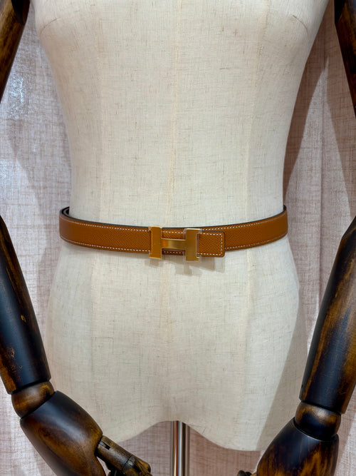 [New] Hermès 24mm H Reversible Belt Black/ Gold Swift/Epsom 90 Gold Buckle