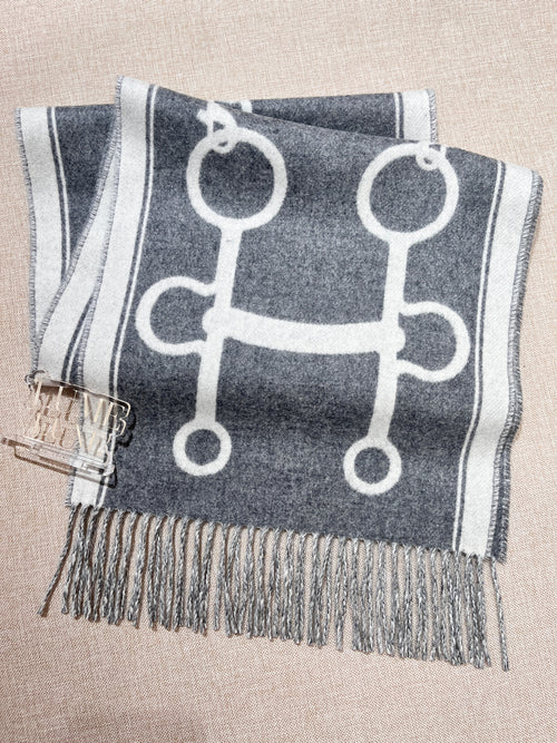 [New] Hermès Casaque Mors Muffler Ivory/ Gris Fianelle