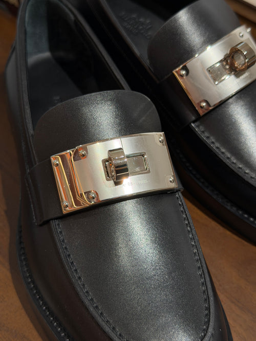 [New] Hermès Hot Loafer Black Calfskin Silver 37.5