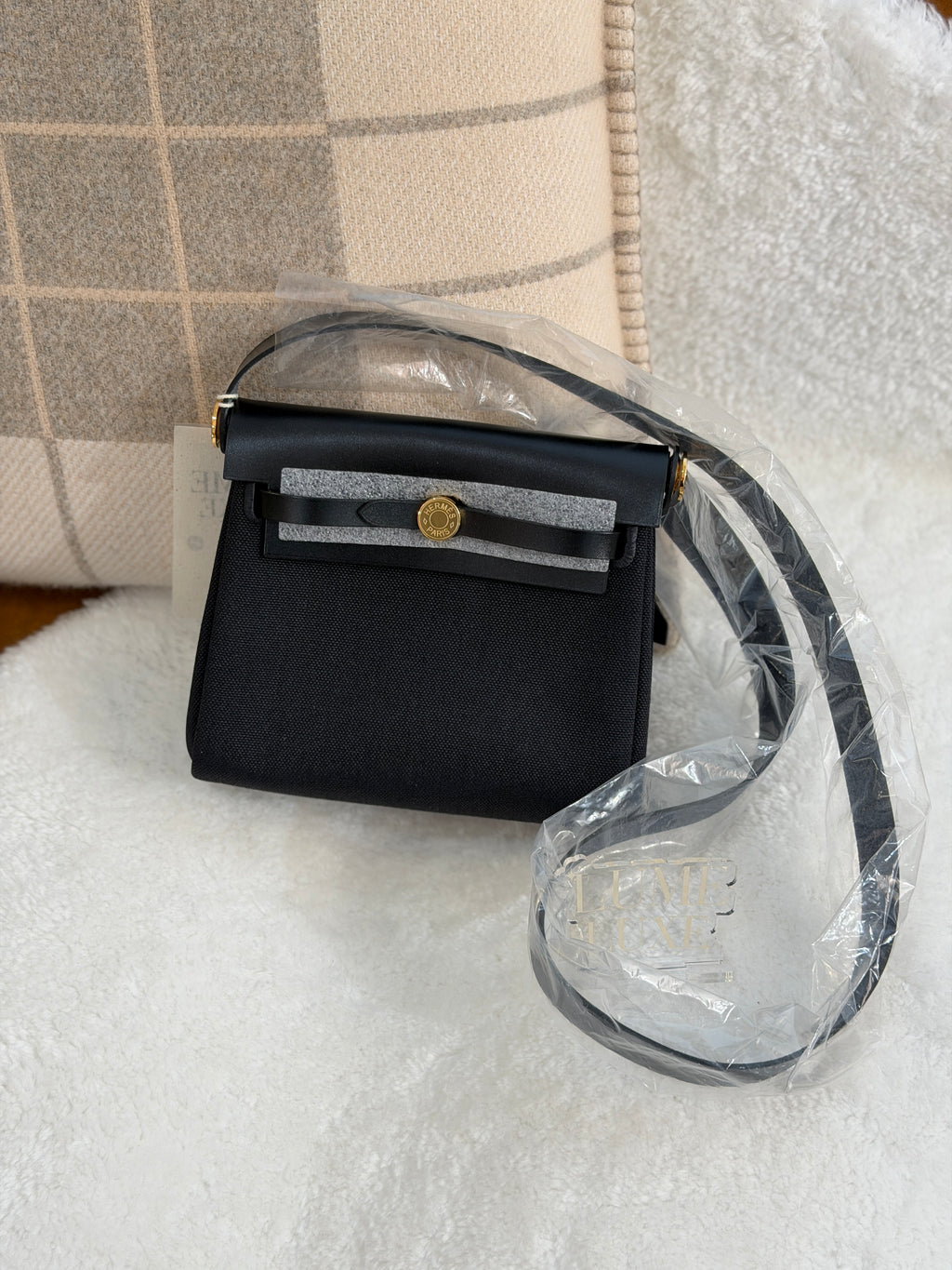 [New] Hermès Mini Herbag Black/Black Canvas CC